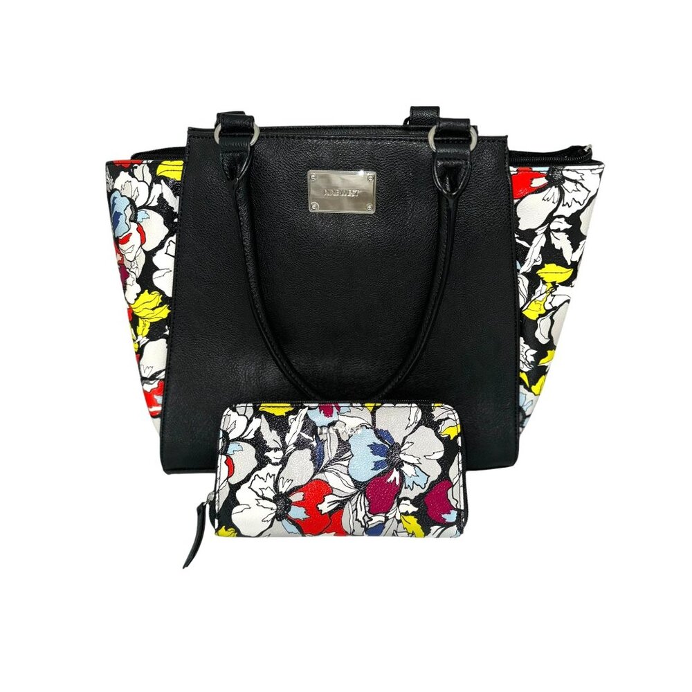 Nine West Black & Floral Tote Handbag With Matching Wallet